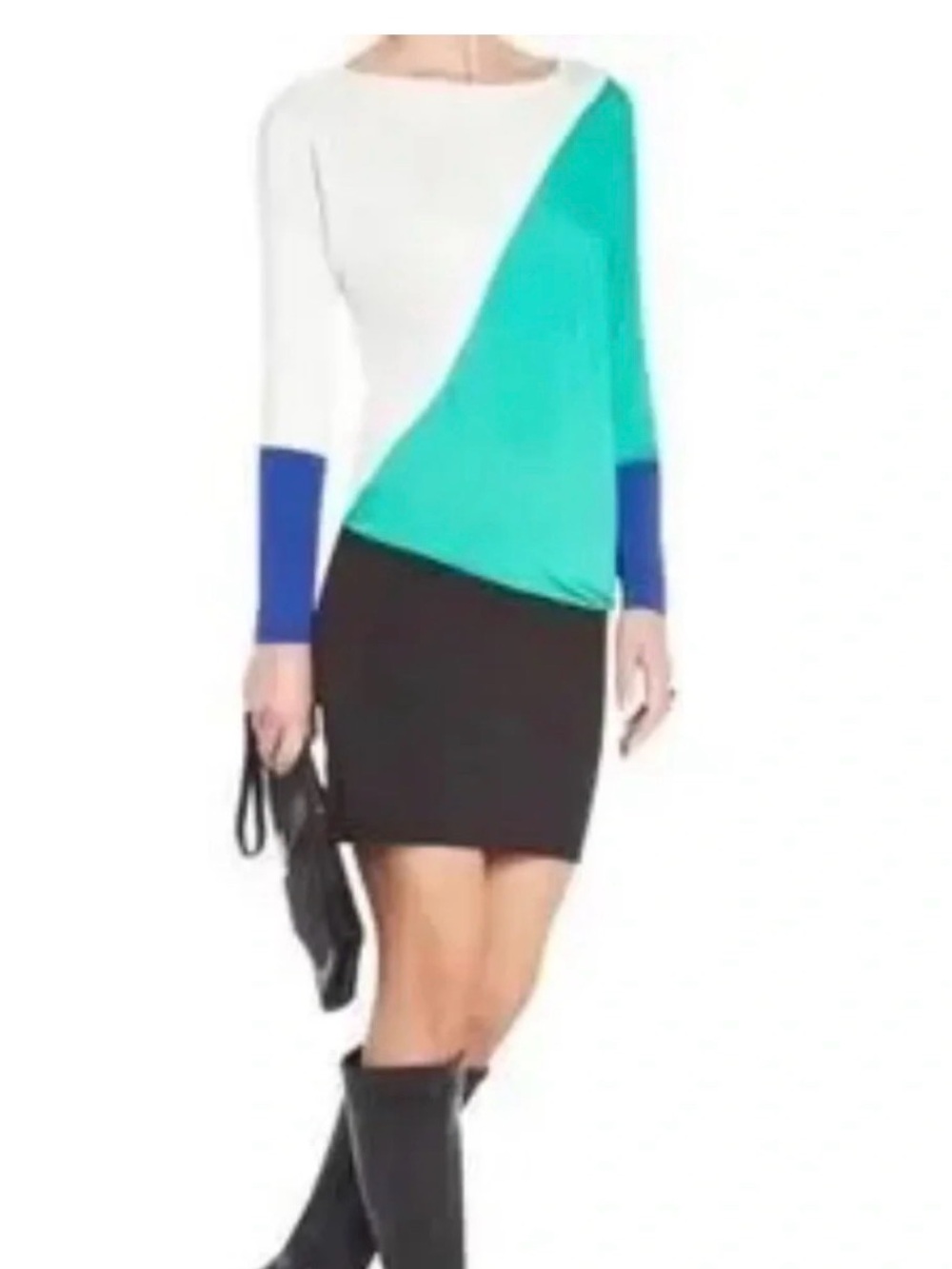Colorblock Long Sleeve Sheath Dress or Blouse - White, Teal, Royal Blue, Blacki